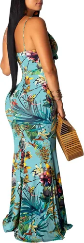 Vista 10 de Women's Summer Floral Spaghetti Strap Long Maxi Dresses Low-Cut Bohemian Beach Sundress Negro
