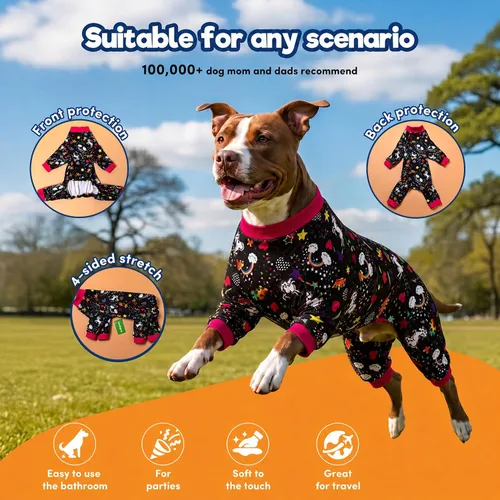 Vista 3 de LovinPet Pijamas grandes para perros Pitbull: cuidado de heridas/ropa de perro poscirugía, mamelucos para perros, estampado negro de arco iris