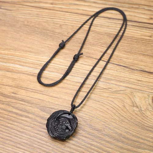 Vista 20 de COAI Collar de obsidiana negra de cuervo de joyería vikinga para hombre
