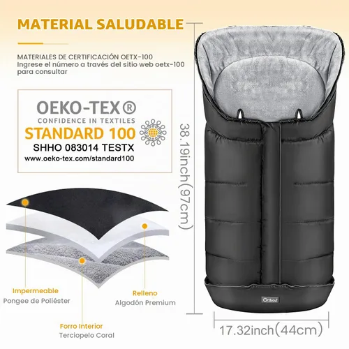 Vista 6 de Orzbow - Saco de dormir cálido universal para cochecito, saco para clima frío, piecera impermeable para niños pequeños (negro, grande) Ultra-Plush