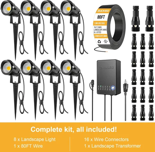 Vista 5 de ZUCKEO Kit de iluminación de paisaje todo en uno, luces LED de bajo voltaje de 5 W con transformador y cable de 80 pies, foco impermeable