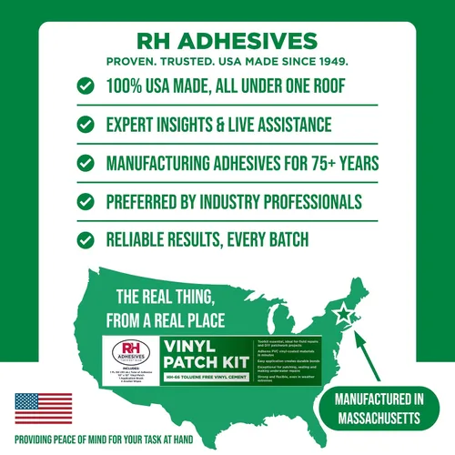 Vista 8 de Kit de parches de vinilo RH Adhesives con PVC flexible reforzado de 10" x 10", tubo de 1 oz. de cemento de vinilo HH-66 TF, pincel aplicador, Negro
