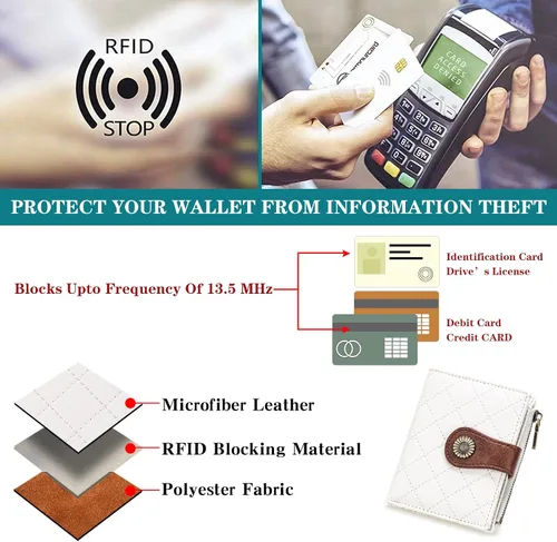 Vista 5 de FALAN MULE Billetera pequeña para mujer, plegable, con bloqueo RFID, portatarjetas de piel con bolsillo con cremallera para monedas Blanco/Marrón