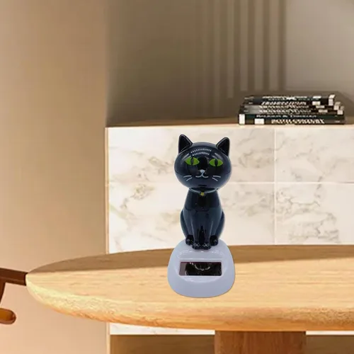 Vista 3 de Cabeza de gato con energía solar, bonita decoración de baile para tablero de automóvil, interior y adornos de escritorio Negro