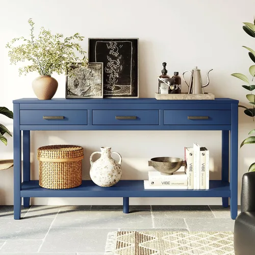 Vista 32 de Quarte Elegante mesa consola con tres cajones de almacenamiento, mesa de sofá extra larga para entrada, pasillo, sala de estar, vestíbulo, pasillo