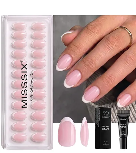 Vista 9 de Misssix Uñas postizas a presión con punta francesa, uñas postizas cortas 1A — Óvalo corto