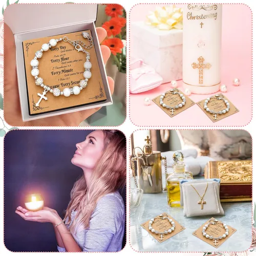 Vista 3 de 12 Piezas Pulseras de Cruz a Granel Regalos Católicos para Mujeres Hombres Recuerdos de Bautismo para Invitados Dije de Diamante de Imitación Perla