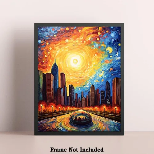 Vista 5 de Bestbuddy Pet 8 x 10 sin marco noche estrellada Chicago Landmark icónica estatua escultura famosa atracción turística gira mundial pintura al óleo