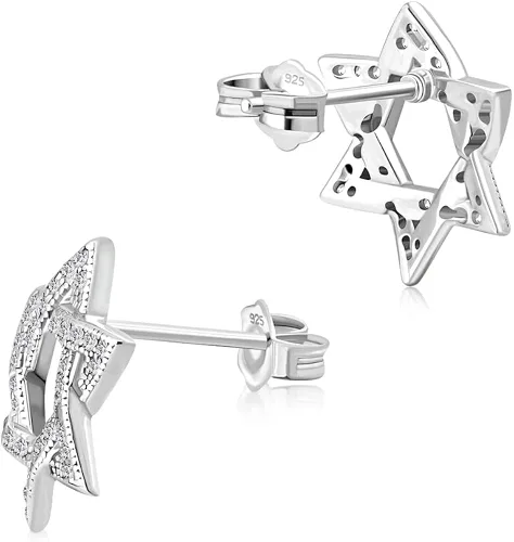 Vista 2 de Aretes de plata de ley 925 con circonita cúbica con estrella judía de David para mujer y niña