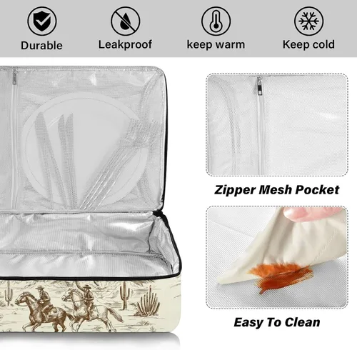 Vista 5 de Cazuela transportadora aislada West Cowboy Horses Plato de 9 x 13 pulgadas con tapa, bolsa calentadora de viaje para alimentos calientes o fríos