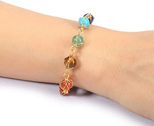 Vista 7 de Jovivi 7 Chakra Stones Bracelets for Women Girls Adjustable 14K Gold Wire Wrapped 8mm Natural Round Gemstone Beads Reiki Healing Crystal Ankle