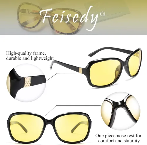 Vista 5 de FEISEDY Gafas de noche clásicas para mujer, antirreflejos, envolventes, amarillas, B2548