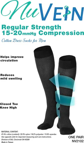 Vista 5 de NuVein Calcetines de compresión para hombre de 15-20 mmHg, patrón de cheurón, pantalones de negocios hasta la rodilla, color negro, talla M