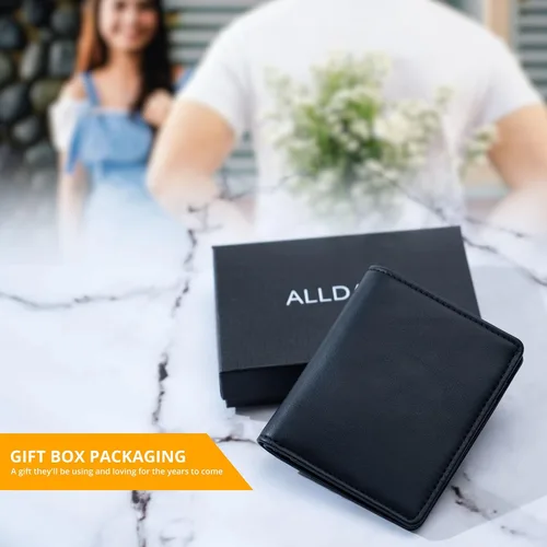 Vista 6 de Alldaily Pequeña cartera RFID para mujer, delgada, compacta, plegable, con bolsillo, mini monedero de viaje para mujer, Negro -, Compacto