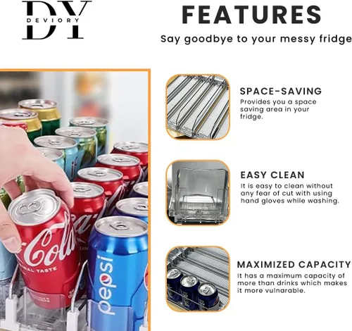 Vista 3 de Organizador de latas de soda con empujador automático Organizador de bebidas para refrigerador Dispensador de bebidas para soda, latas