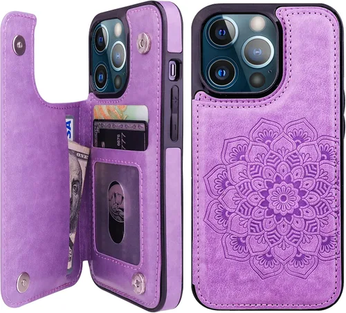 Vista 10 de Vaburs Funda compatible con iPhone 13 Pro con tarjetero y diseño de mandala en relieve, de piel sintética, doble botones, a prueba de golpes