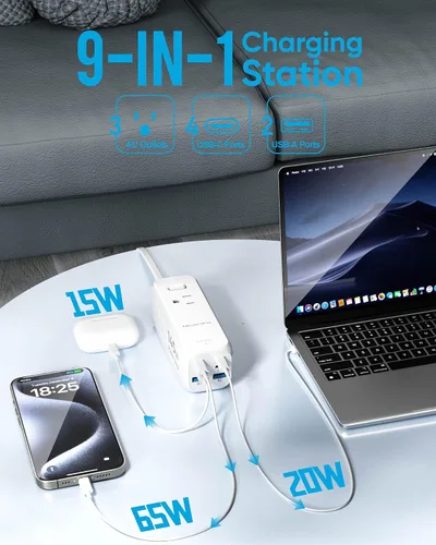 Vista 2 de Olcorife Tira de alimentación USB de 145W, cable de extensión de enchufe plano de 1.5 m con 3 tomas de CA y 6 puertos USB (4 USB C y 2 USB A)