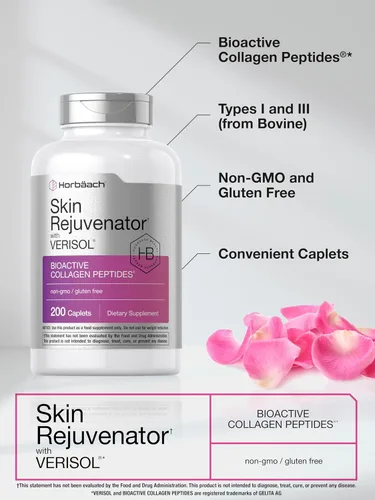 Vista 4 de Rejuvenecedor de piel Horbäach con Verisol Péptidos de colágeno bioactivos 200 cápsulas Suplemento sin OMG, sin gluten