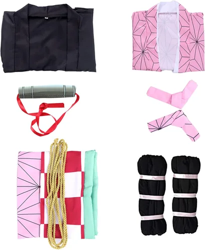 Vista 3 de Nezuko - Conjunto de kimono Kamado para cosplay, disfraz de cómic de Halloween, 10 piezas, accesorios para disfraz de Nezuko