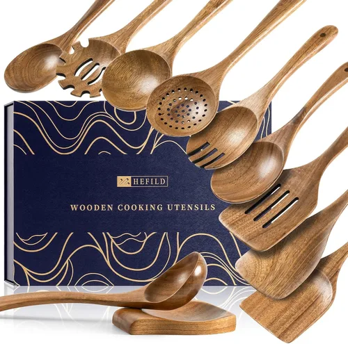 Vista 10 de cucharas de madera para cocinar, juego de utensilios de cocina antiadherentes con 10 piezas de espátulas y cucharas de madera de acacia
