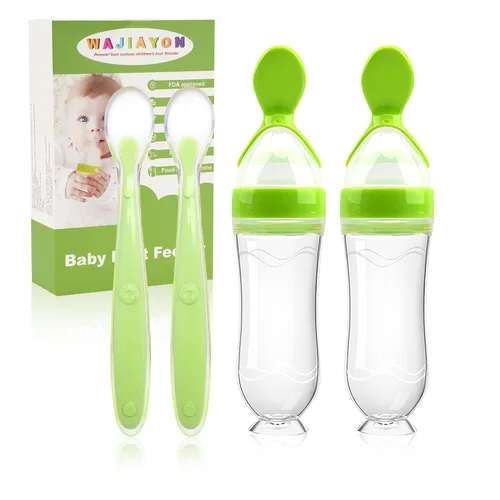 Vista 12 de Juego de cucharas dispensadoras de alimentos para bebés de 4 piezas de silicona - WAJIAYON, cucharas de alimentación con exprimidor de 3 oz