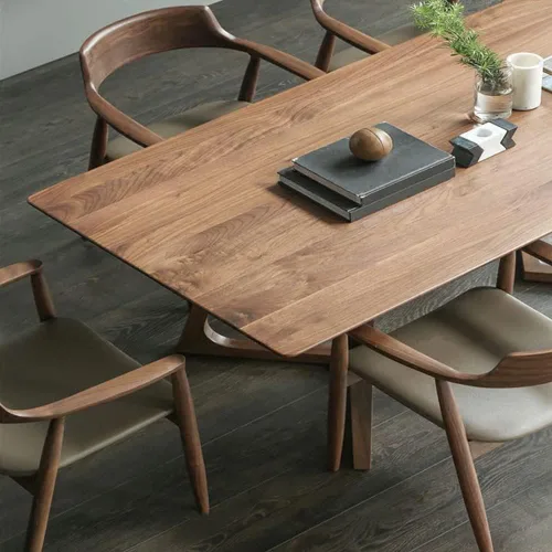Vista 6 de Mesa de comedor rectangular nórdica con doble pedestal, moderna mesa de madera de pino para el hogar, restaurante marrón, 47.5 pulgadas de largo x