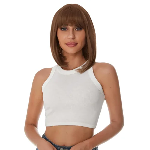 Vista 8 de Onpep Pelucas de cabello castaño rojizo con flequillo para mujer, longitud corta y recta, resistente al calor, peluca sintética resistente al calor