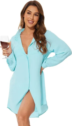 Vista 4 de Sexy vestido de gasa para mujer, estilo camiseta, para poner sobre el traje de baño, abotonado al frente ideal para la playa, estilo Vogue
