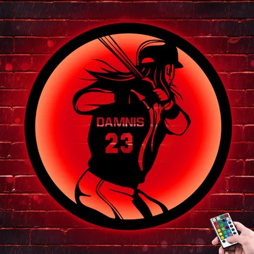 Vista 9 de Letrero de metal personalizado para jugador de sóftbol con luz LED, nombre y número personalizado, arte de pared de sóftbol, letrero de neón
