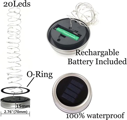 Vista 2 de Luces solares mejoradas para frascos, paquete de 8 unidades, 10 LED, impermeables, para frascos de luciérnaga, luces con ganchos