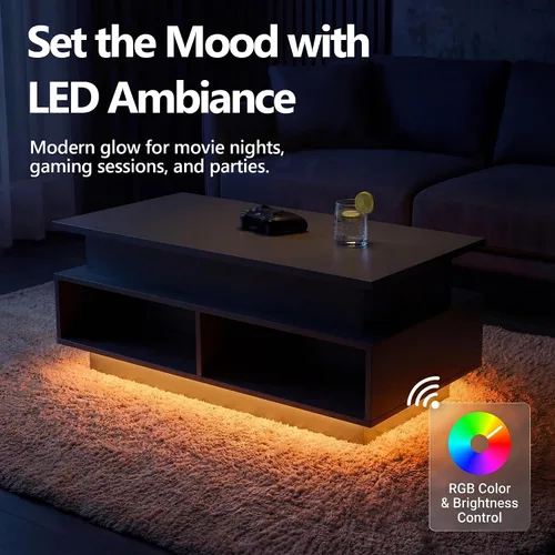 Vista 5 de YESHOMY Mesa de Centro Elevable de 40" con Almacenamiento Oculto y Luces LED Multicolor, Mesa Cuadrada Moderna de Madera con 4 Estantes Abiertos