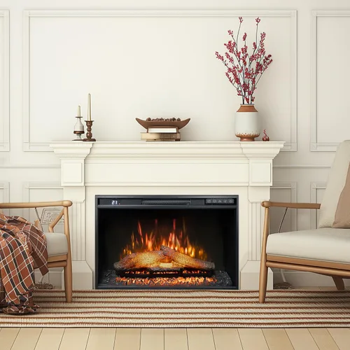 Vista 5 de Inserto de chimenea eléctrica de 26 pulgadas de ancho, 6 niveles de brillo, 5 velocidades de llama, 62-82 ℉, temporizador y control remoto, chimenea