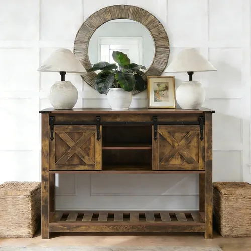 Vista 11 de Mesa de entrada de granja con puertas corredizas de granero, mesa consola de madera con estante de almacenamiento, mesa de sofá rústica para sala