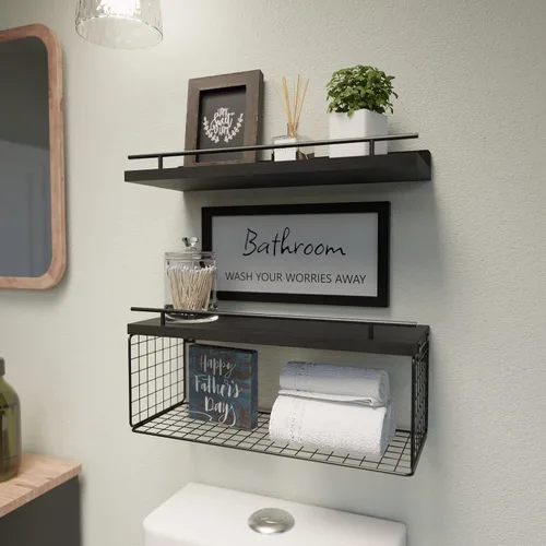 Vista 2 de WOPITUES Estantes Flotantes para Letrero de Decoración de Pared, Organizadores y Almacenamiento de Baño, Estantes de Baño Sobre el Inodoro con Negro