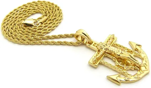 Vista 4 de Shiny Jewelers USA - Colgante de cadena cubana de cuerda para hombre Jesús con ancla de cruz y cadera, 24.0in