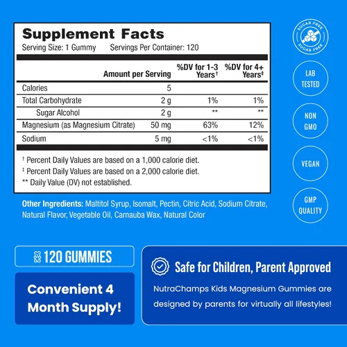 Vista 5 de NutraChamps 120 Gomitas de magnesio para niños - Gomitas de magnesio sin azúcar y calmantes para niños - Suministro para 4 meses - Apoya la salud