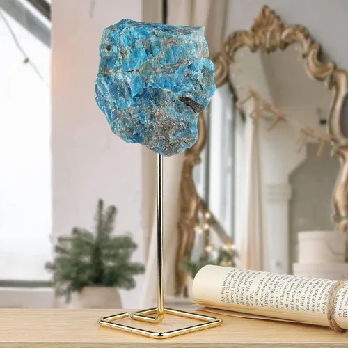 Vista 3 de mookaitedecor Piedra en bruto de apatita azul natural con soporte inoxidable, muestra de piedras preciosas curativas para decoración de oficina