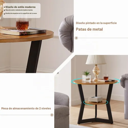 Vista 5 de Mesa auxiliar, mesa auxiliar redonda de madera para sala de estar con mesa de 2 niveles con estante de almacenamiento, diseño de soporte triangular