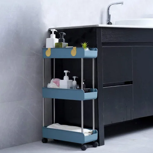 Vista 5 de Melody House - Estantería móvil delgada de 3 niveles sobre ruedas, organizador de almacenamiento de baño rodante, carrito de utilidad, estante