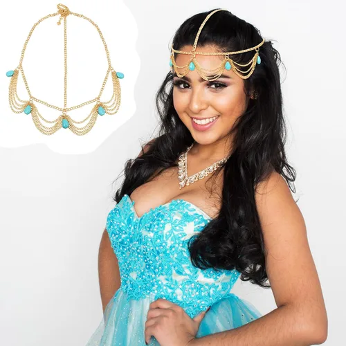 Vista 5 de Disfraz de princesa de Halloween, cadena de celebridad, pulsera de cristal con borla, conjunto de joyas de princesa, cadena de joyería de cabeza