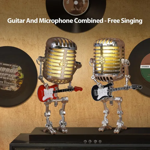 Vista 6 de Lámpara robótica de guitarra con micrófono vintage, regalos de música para hombres, regalos geniales para amantes de la música, luz vintage