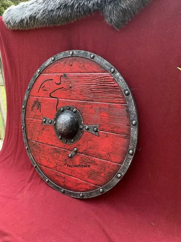 Vista 3 de Escudo vikingo medieval de Ragnar Lothbrok, auténtico escudo vikingo desgastado de batalla del último reino, escudo listo para cosplay totalmente