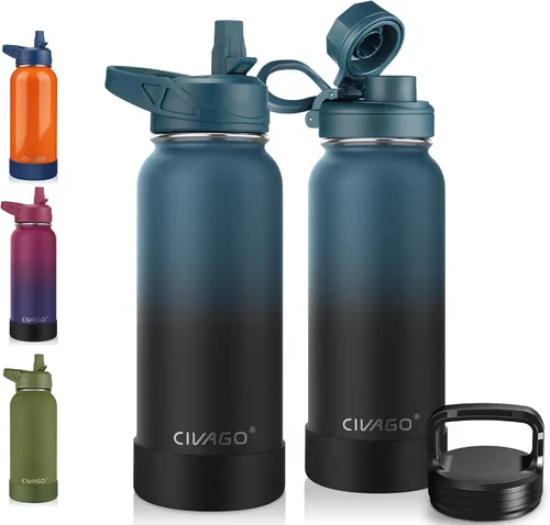 Vista 32 de CIVAGO Botella de agua aislada de 22 onzas con pajita, frasco de agua deportiva de acero inoxidable con 3 tapas