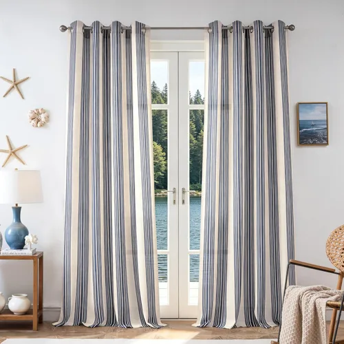 Vista 38 de DriftAway Cortinas de estilo granja con rayas verticales de lino mezclado texturizado con filtro de luz semitransparente para sala de estar