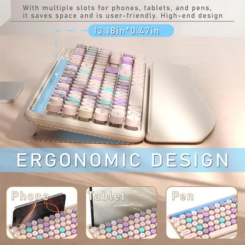 Vista 4 de Combo de teclado y mouse inalámbricos con soporte para teléfono (caqui) MPTOG Colorful Typewriter Keys with Wrist Rest, 2.4GHz Wireless