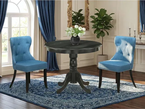 Vista 2 de East West Furniture ANSI3-ABK-21 - Juego de comedor de 3 piezas que contiene una mesa de cocina redonda con pedestal y 2 sillas de comedor Parson