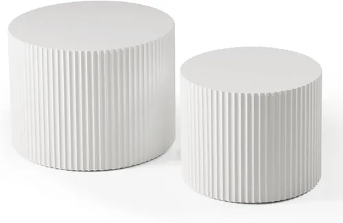 Vista 8 de Juego de 2 mesas auxiliares redondas de 42.52 pulgadas, color blanco, para sala de estar, diseño contemporáneo de círculo de madera en relieve, sin