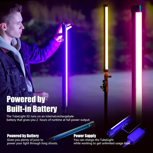 Vista 4 de Mettlelite TLX2 RGB Tubo de luz LED a todo color Luz de video portátil con APP Control DMX 2 pies 2800K-8000K CRI96 TLCI97 360° RGB CCT HSI Modo 10