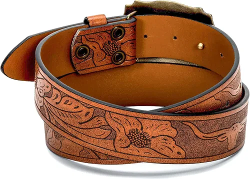 Vista 5 de Rodeo Western-Longhorn-Bull Cowboy-Belt para mujeres y hombres, cinturón de piel sintética con relieve floral para jeans