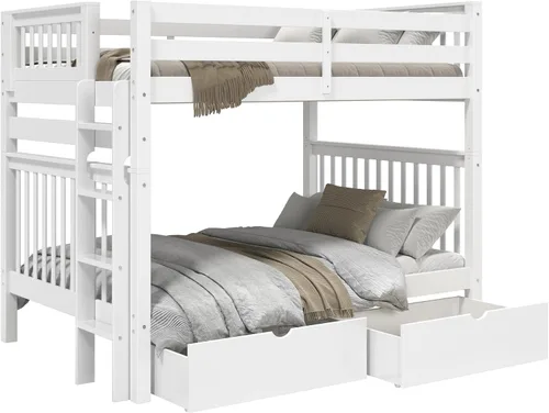 Vista 4 de Bedz King Literas de estilo misión matrimonial sobre tamaño matrimonial con escalera lateral y 2 cajones debajo de la cama, color blanco